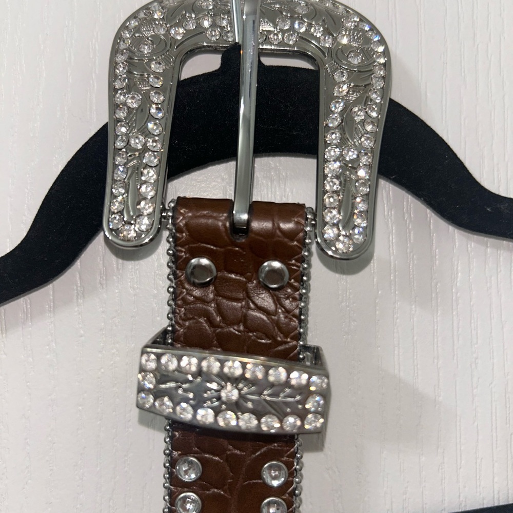 Brown Leather Belt with Rhinestone Buckle